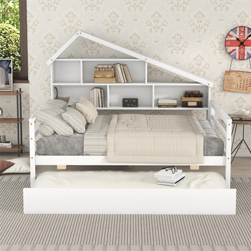 Full Size Platform Bed with Trundle and Shelves - Gear Elevation