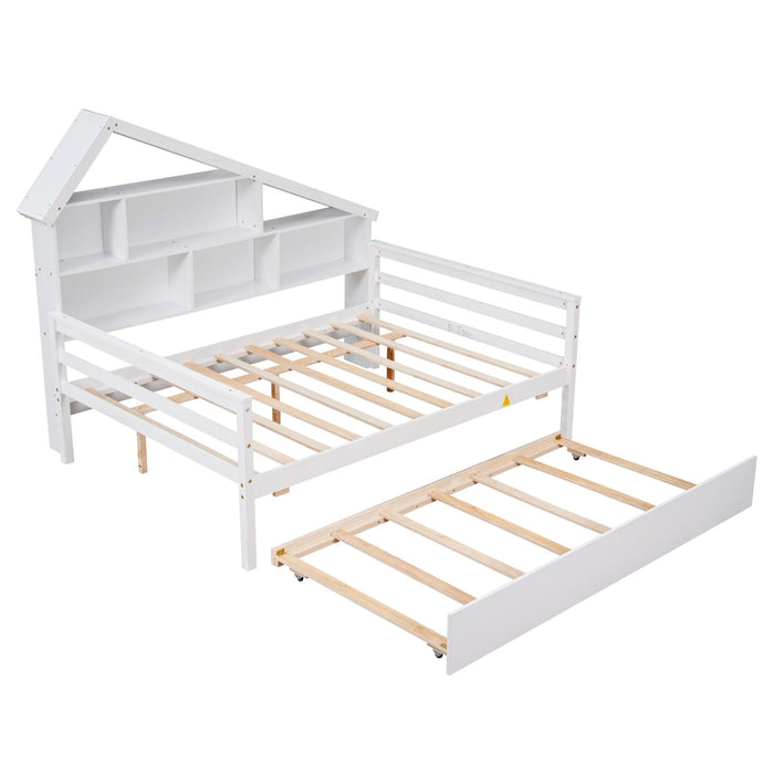 Full Size Platform Bed with Trundle and Shelves - Gear Elevation