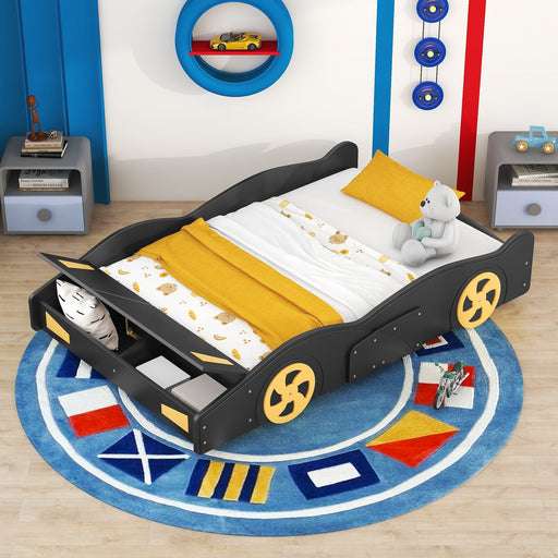 Full Size Race Car - Shaped Platform Bed with Wheels and Storage - Gear Elevation