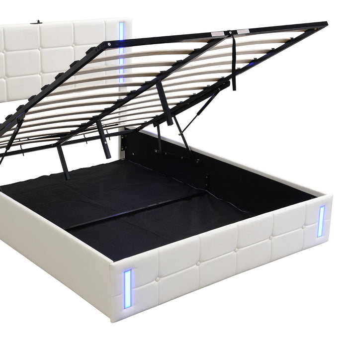 Full - Size Upholstered Bed with LED Lights, Hydraulic Storage System, and USB Charging Station - Gear Elevation