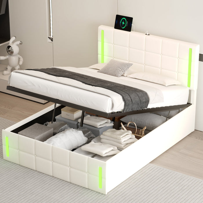 Full - Size Upholstered Bed with LED Lights, Hydraulic Storage System, and USB Charging Station - Gear Elevation
