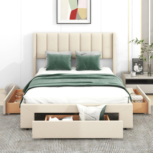 Full Size Upholstered Platform Bed with One Large Drawer in the Footboard and a Drawer on Each Side - Gear Elevation