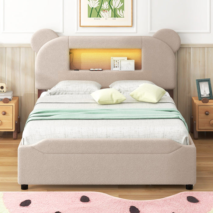 Full - Size Upholstered Storage Platform Bed with LED and USB, Cartoon Ears Shaped Headboard - Gear Elevation