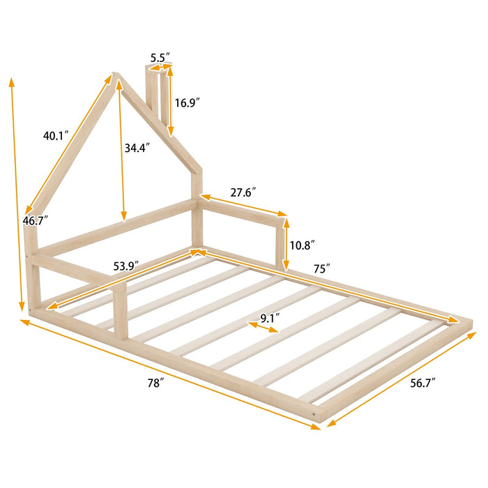 Full - Size Wood Floor Bed with House - Shaped Headboard - Gear Elevation