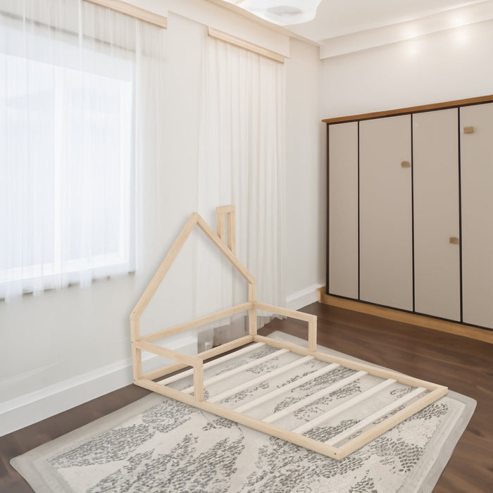 Full - Size Wood Floor Bed with House - Shaped Headboard - Gear Elevation