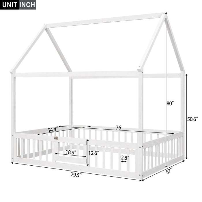 Full Size Wood House Bed with Fence and Door - Gear Elevation