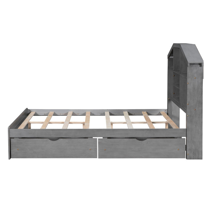 Full - Size Wood Platform Bed with House - Shaped Storage Headboard and Two Drawers - Gear Elevation