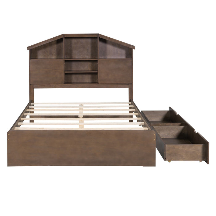 Full - Size Wood Platform Bed with House - Shaped Storage Headboard and Two Drawers - Gear Elevation