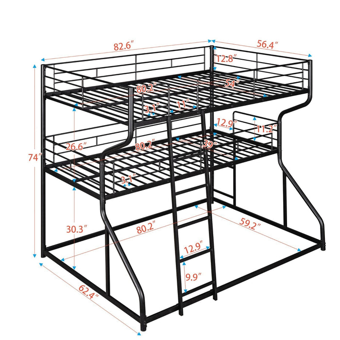 Full XL over Twin XL over Queen Size Triple Bunk Bed with Long and Short Ladder - Gear Elevation