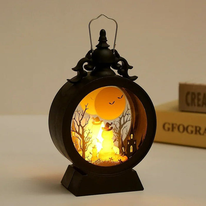 Halloween Decoration Wind Lamp - Retro Round Hand Lantern with Electronic Candle for Atmospheric Decoration - Gear Elevation