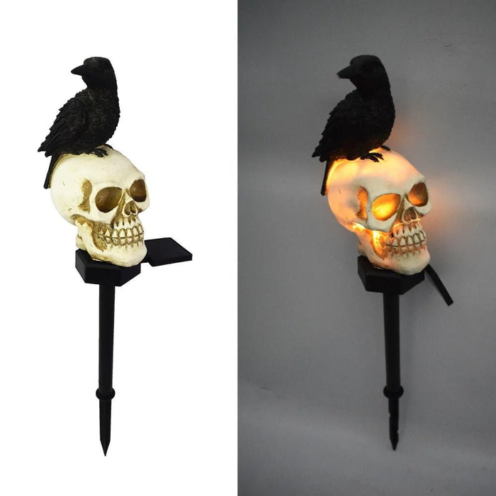 Halloween Outdoor Raven Solar Garden Light Skull - Halloween Decor Outdoor Skeleton Skull Head, Halloween Crows and Ravens Decor - Gear Elevation