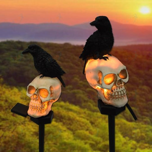 Halloween Outdoor Raven Solar Garden Light Skull - Halloween Decor Outdoor Skeleton Skull Head, Halloween Crows and Ravens Decor - Gear Elevation