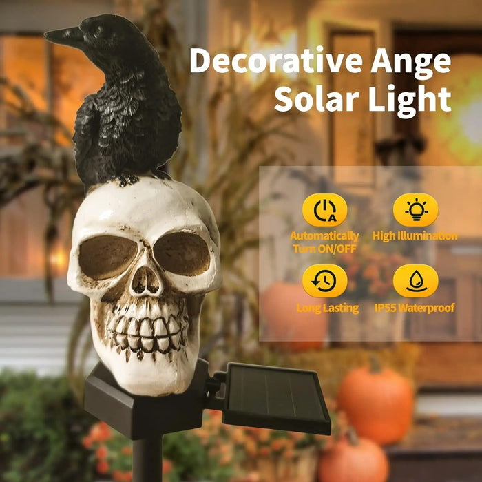 Halloween Outdoor Raven Solar Garden Light Skull - Halloween Decor Outdoor Skeleton Skull Head, Halloween Crows and Ravens Decor - Gear Elevation