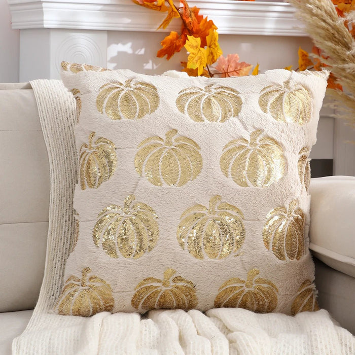 Halloween Pumpkin Throw Pillow Cover – Plush Sequin Embroidery with Zip Closure, Ideal for Cozy Living Room & Bedroom Décor - Gear Elevation