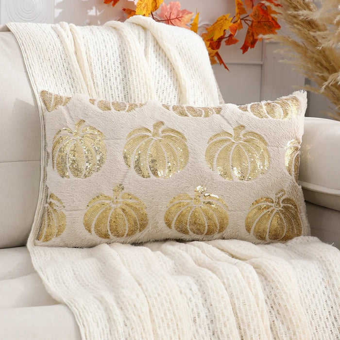 Halloween Pumpkin Throw Pillow Cover – Plush Sequin Embroidery with Zip Closure, Ideal for Cozy Living Room & Bedroom Décor - Gear Elevation