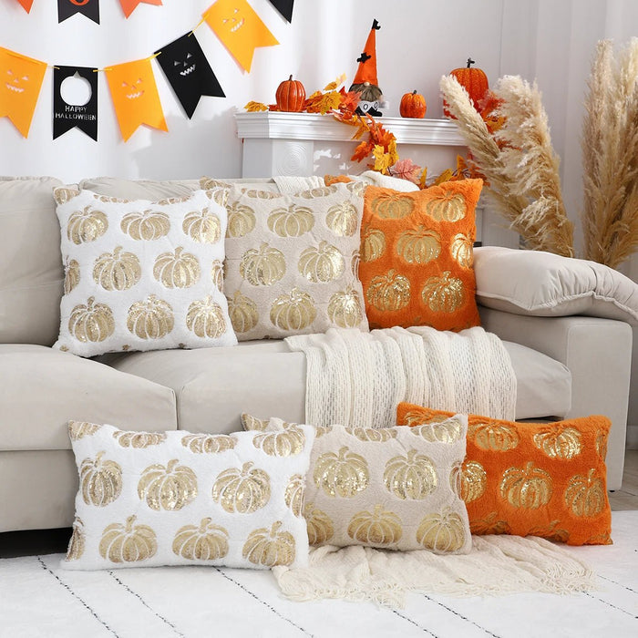 Halloween Pumpkin Throw Pillow Cover – Plush Sequin Embroidery with Zip Closure, Ideal for Cozy Living Room & Bedroom Décor - Gear Elevation