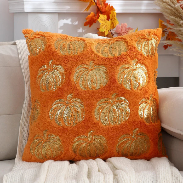 Halloween Pumpkin Throw Pillow Cover – Plush Sequin Embroidery with Zip Closure, Ideal for Cozy Living Room & Bedroom Décor - Gear Elevation