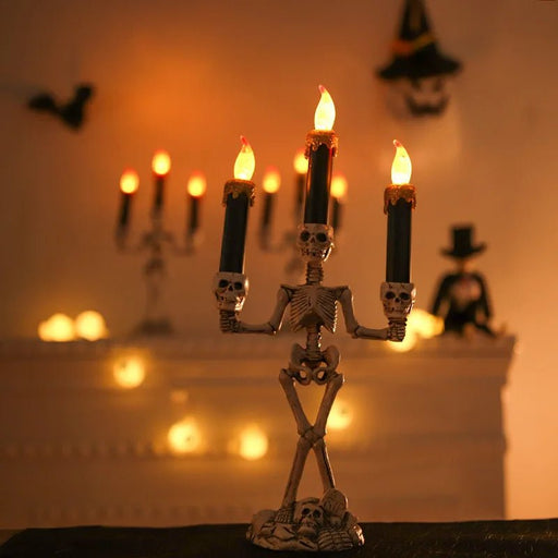 Halloween Skeleton Candlestick - Three Skull Candle Lights Resin Gothic Halloween Props Led Simulation Human Skull Candle Holder - Gear Elevation