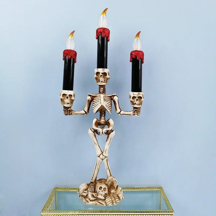 Halloween Skeleton Candlestick - Three Skull Candle Lights Resin Gothic Halloween Props Led Simulation Human Skull Candle Holder - Gear Elevation