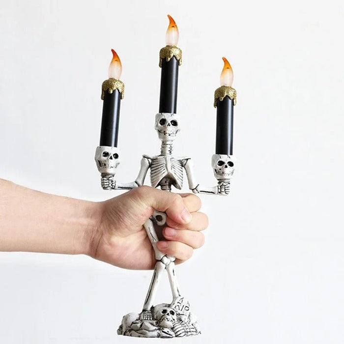 Halloween Skeleton Candlestick - Three Skull Candle Lights Resin Gothic Halloween Props Led Simulation Human Skull Candle Holder - Gear Elevation