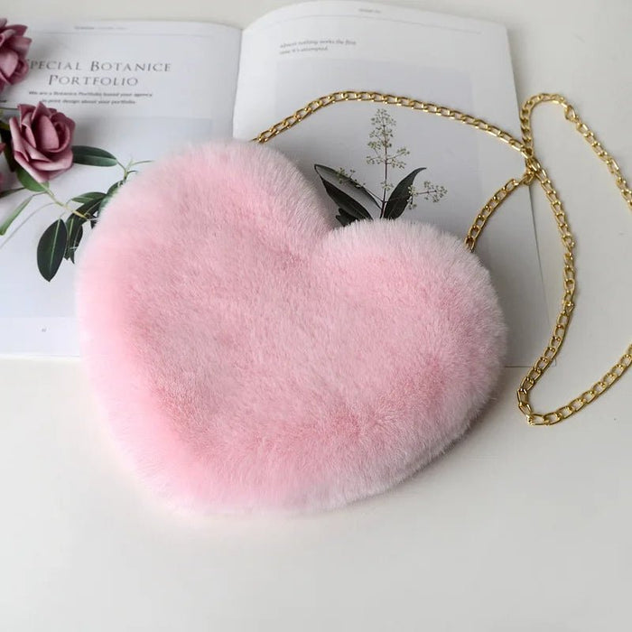 Heart - Shaped Fluffy Shoulder Bag – Fashionable Plush Crossbody with Chain for Valentine's Day - Gear Elevation