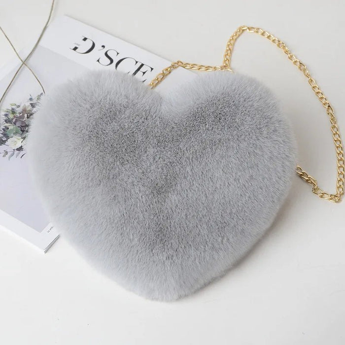 Heart - Shaped Fluffy Shoulder Bag – Fashionable Plush Crossbody with Chain for Valentine's Day - Gear Elevation