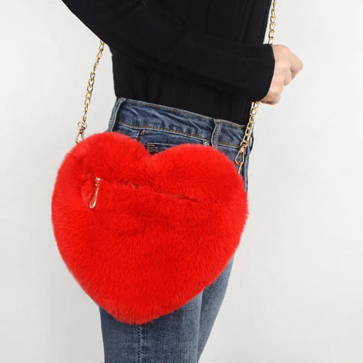 Heart - Shaped Fluffy Shoulder Bag – Fashionable Plush Crossbody with Chain for Valentine's Day - Gear Elevation