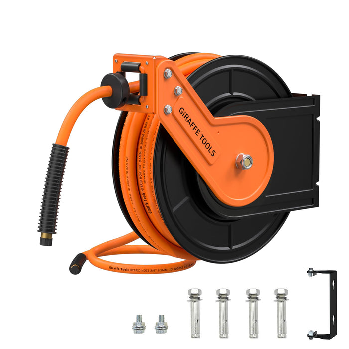 Heavy - Duty Retractable 50FT Air Hose Reel – Hybrid Compressor Hose with Wall Mount & Double Arm Stainless Steel Design - Gear Elevation