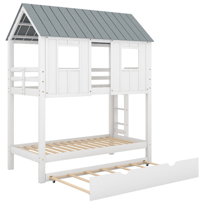 House Bunk Bed with Trundle, Roof, and Windows - Gear Elevation