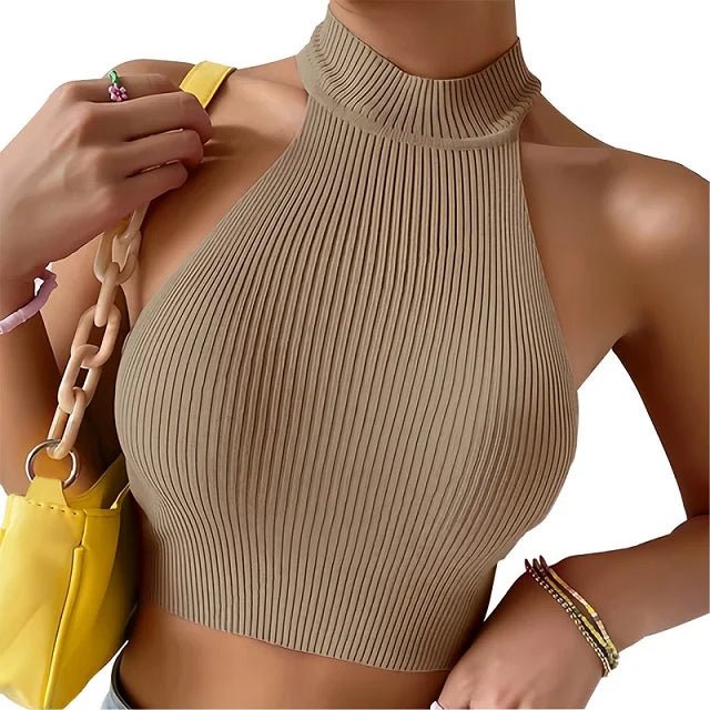 Knit Sleeveless Halter Top – Slim - Fit Ribbed Crop with High - Neck Design, Perfect Y2K - Inspired Essential for Women’s Wardrobe - Gear Elevation