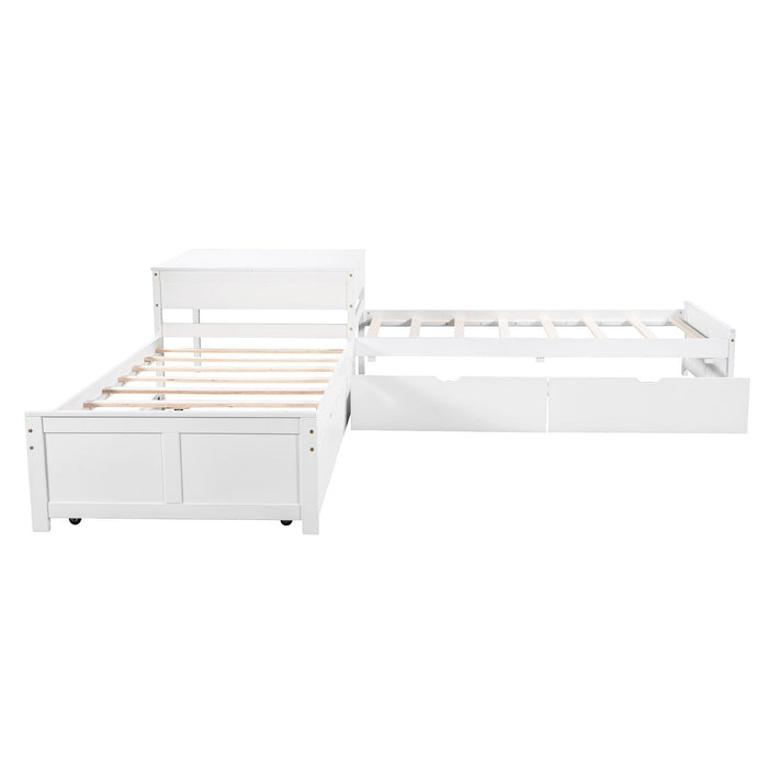 L - shaped Platform Bed with Trundle and Drawers Linked with built - in Desk Twin - Gear Elevation