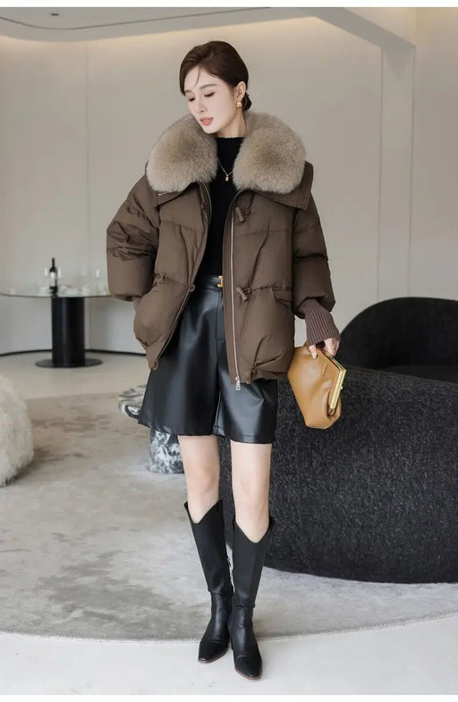 Ladies Cropped Fur Collar Puffer Winter Coat – Chic Hooded Winter Jacket for Women’s Cozy & Stylish Look - Gear Elevation