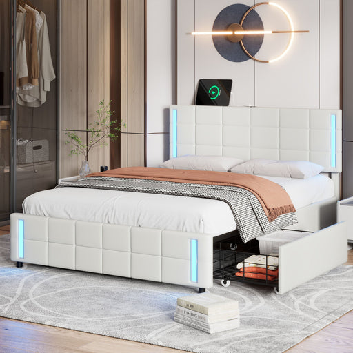 LED Bed Frame - Queen Size Upholstered Platform Bed with LED Lights and USB Charging, Storage Bed with 4 Drawers, White - Gear Elevation