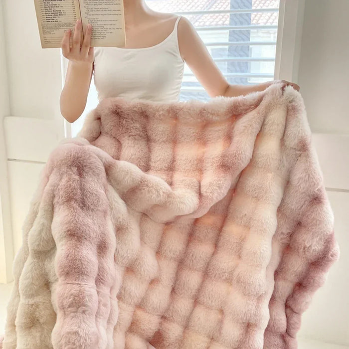 Faux Fur Plush Rabbit Blanket – Double-Layered Cozy Bedspread for Sofa & Bedroom