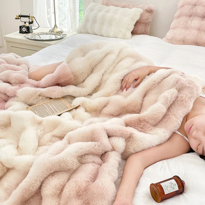Faux Fur Plush Rabbit Blanket – Double-Layered Cozy Bedspread for Sofa & Bedroom