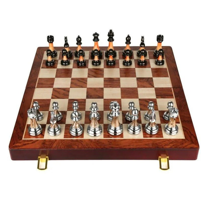 Metal Chess Set with Large 45CM Wooden Board - Gear Elevation