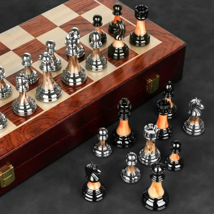 Metal Chess Set with Large 45CM Wooden Board - Gear Elevation