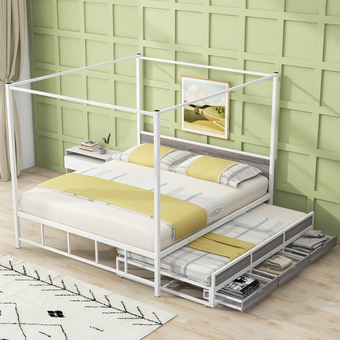 Metal Queen Size Canopy Platform Bed with Twin Size Trundle and 3 Storage Drawers - Gear Elevation