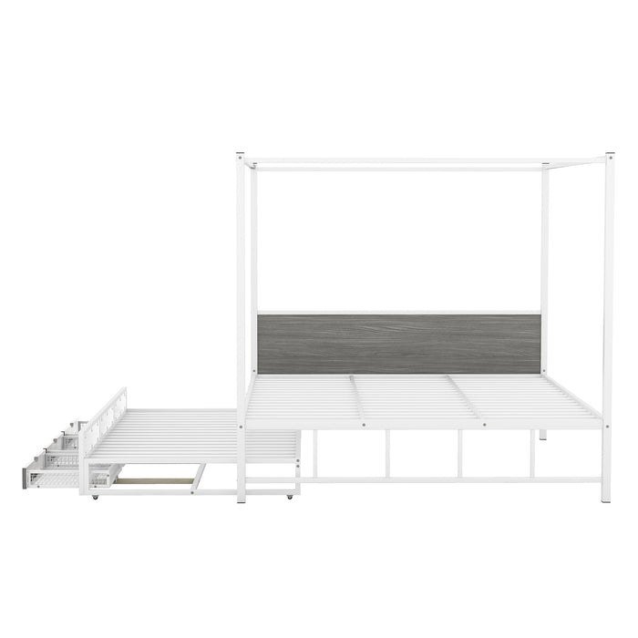 Metal Queen Size Canopy Platform Bed with Twin Size Trundle and 3 Storage Drawers - Gear Elevation