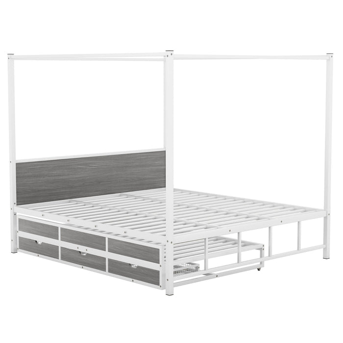 Metal Queen Size Canopy Platform Bed with Twin Size Trundle and 3 Storage Drawers - Gear Elevation