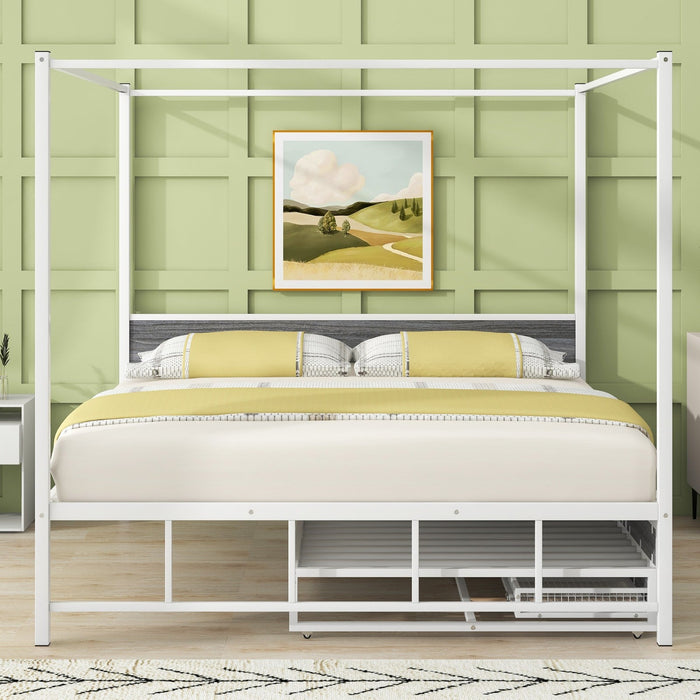 Metal Queen Size Canopy Platform Bed with Twin Size Trundle and 3 Storage Drawers - Gear Elevation