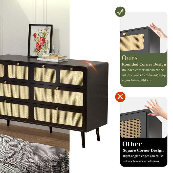 Modern Rattan Dressing Table with 6 Wide Width Drawers and Metal Handles, Wooden Drawer Storage Box - Gear Elevation