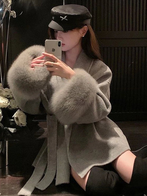 Office Lady Real Wool Coat – Chic Fur Patchwork Overcoat with Long Sleeves for a Sophisticated Autumn & Spring Look. A Must - Have Statement Jacket - Gear Elevation