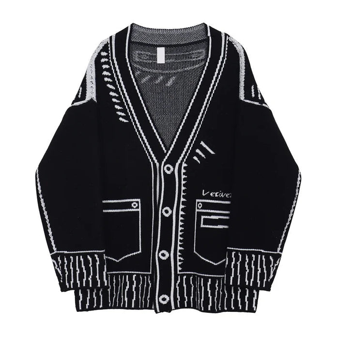 Printed Graffiti V - Neck Knitted Cardigan – Oversized Single - Breasted Jacket for Chic Autumn & Winter Fashion - Gear Elevation