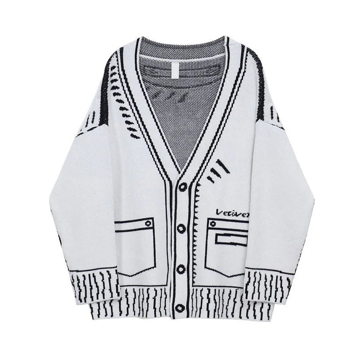 Printed Graffiti V - Neck Knitted Cardigan – Oversized Single - Breasted Jacket for Chic Autumn & Winter Fashion - Gear Elevation