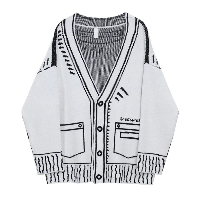 Printed Graffiti V - Neck Knitted Cardigan – Oversized Single - Breasted Jacket for Chic Autumn & Winter Fashion - Gear Elevation