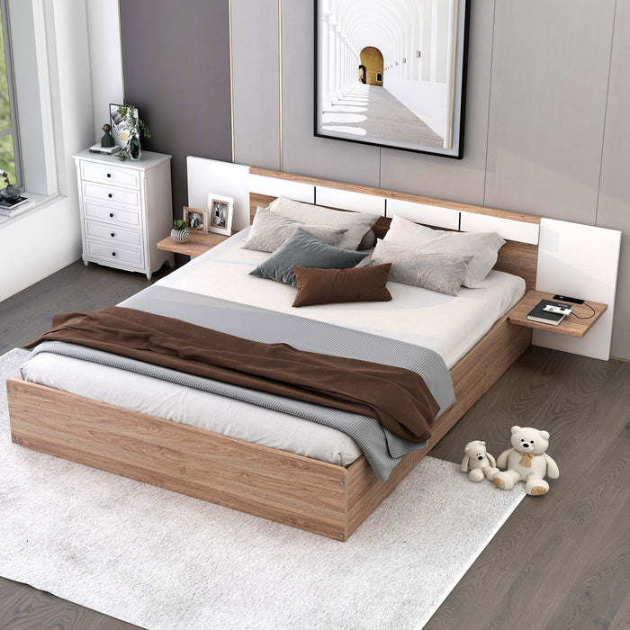 Queen Size Platform Bed with Headboard, Drawers, Shelves, USB Ports, and Sockets - Gear Elevation