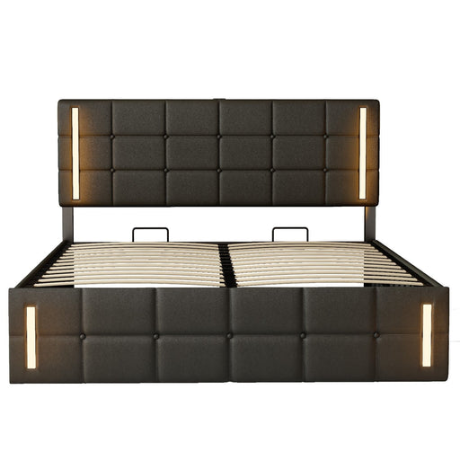 Queen Size Upholstered Bed with LED Lights, Hydraulic Storage System, and USB Charging Station - Gear Elevation