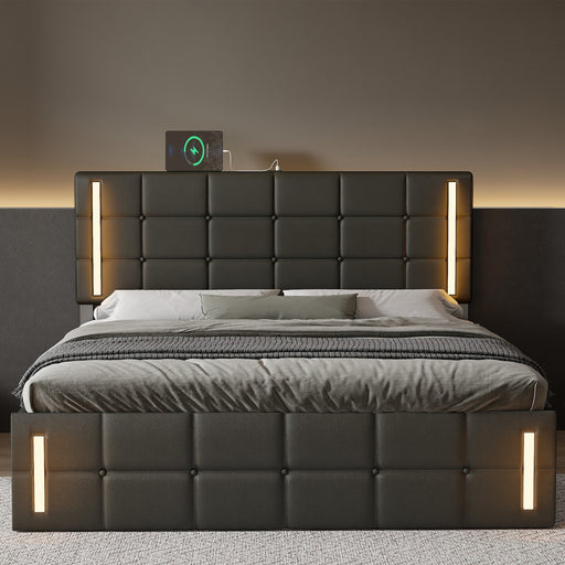 Queen Size Upholstered Bed with LED Lights, Hydraulic Storage System, and USB Charging Station - Gear Elevation
