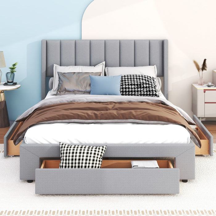 Queen Size Upholstered Platform Bed with One Large Drawer in the Footboard and Drawer on Each Side - Gear Elevation